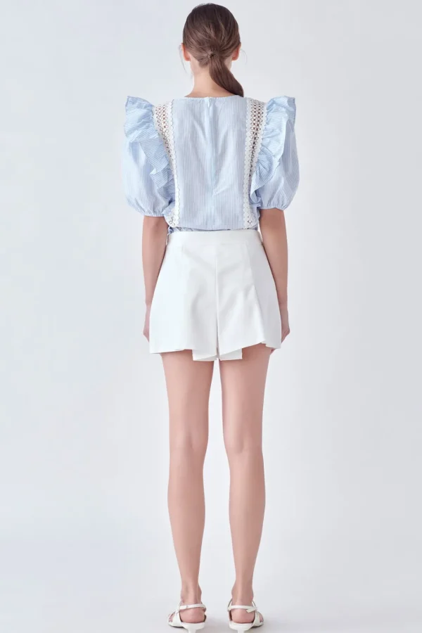 ENGLISH FACTORY Tops*- Lace Inserted Top with Puff Sleeves BLUE