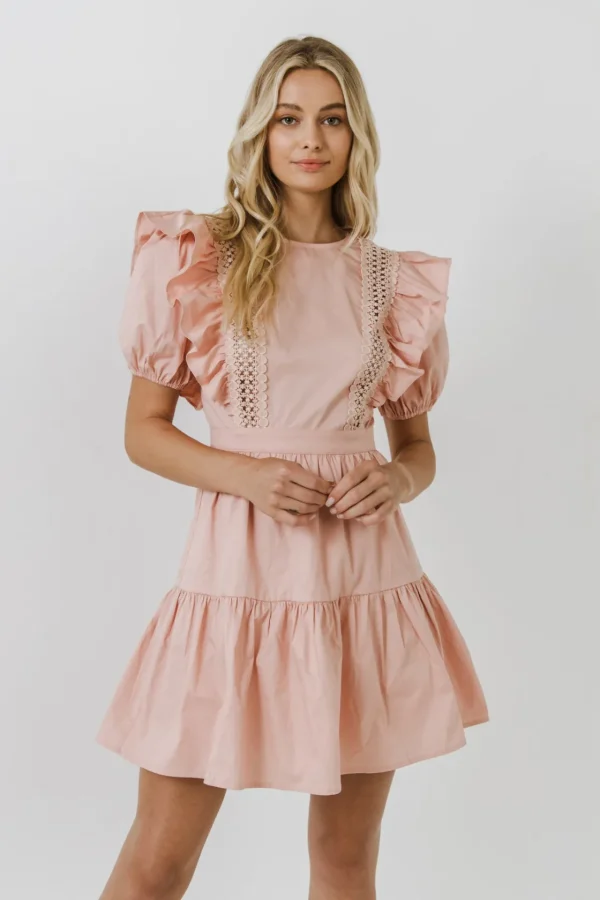 ENGLISH FACTORY Lace Dresses*- Lace Inserted Dress with Puff Sleeves BLUSH