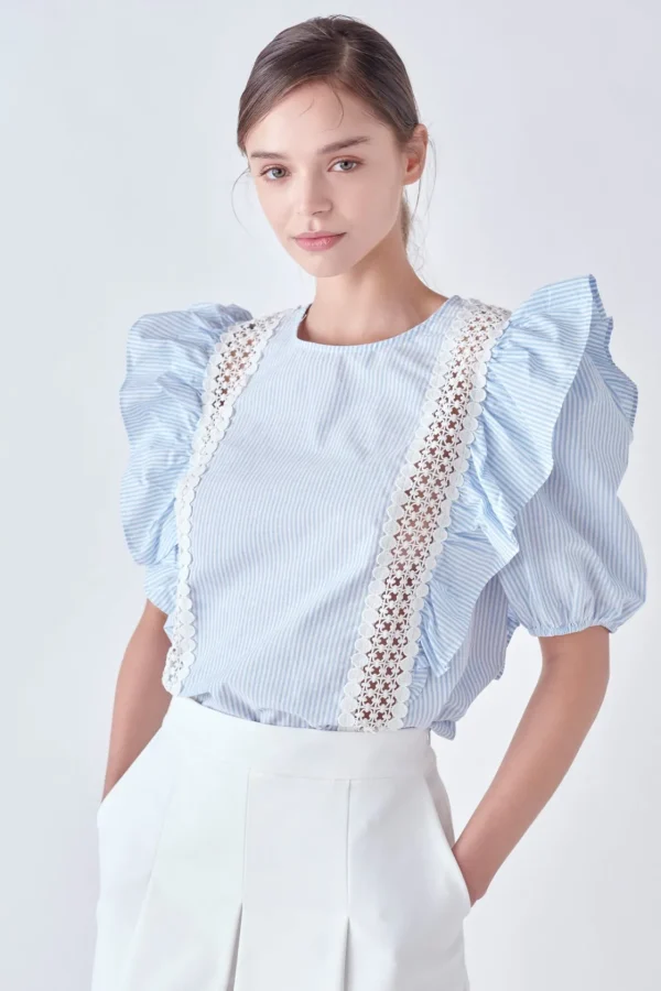 ENGLISH FACTORY Tops*- Lace Inserted Top with Puff Sleeves BLUE