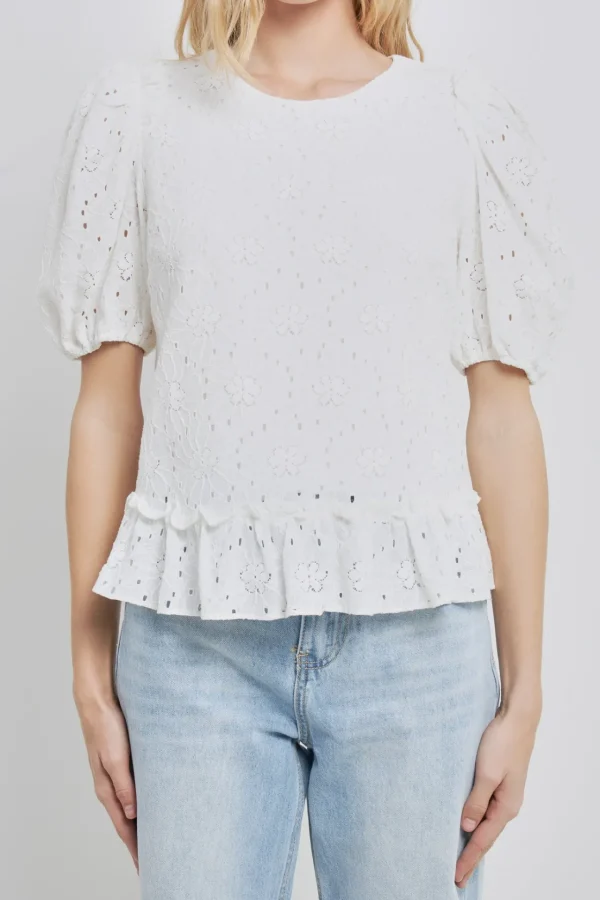 ENGLISH FACTORY Tops*- Lace Puff Sleeve Top With Shoulder Ruffle Details WHITE