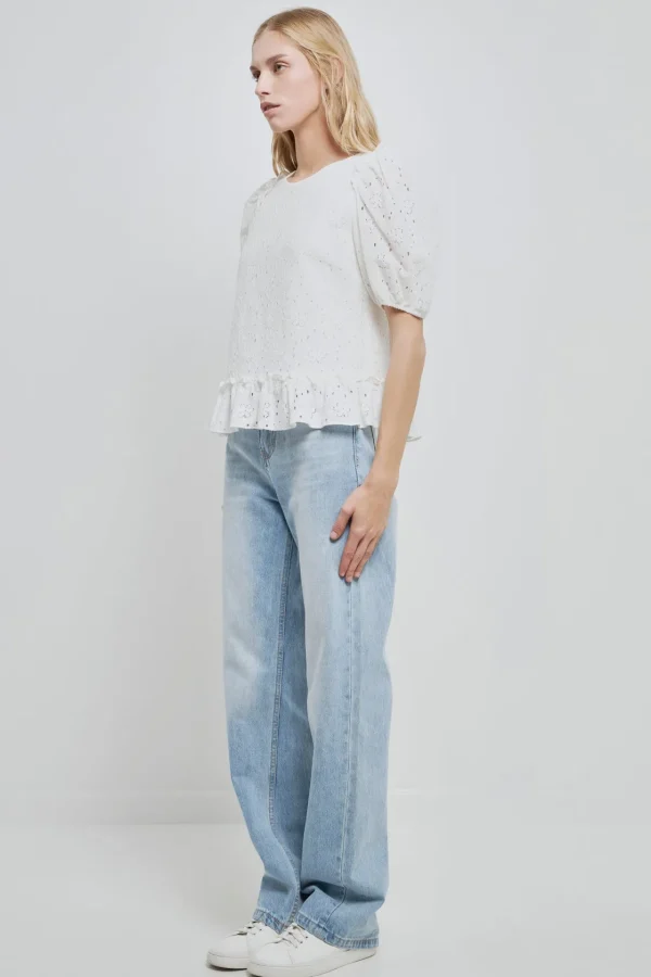 ENGLISH FACTORY Tops*- Lace Puff Sleeve Top With Shoulder Ruffle Details WHITE