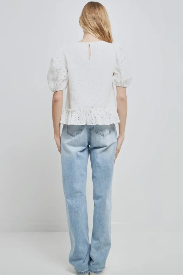 ENGLISH FACTORY Tops*- Lace Puff Sleeve Top With Shoulder Ruffle Details WHITE