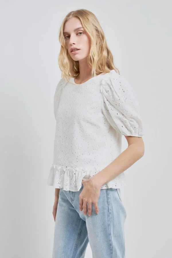 ENGLISH FACTORY Tops*- Lace Puff Sleeve Top With Shoulder Ruffle Details WHITE