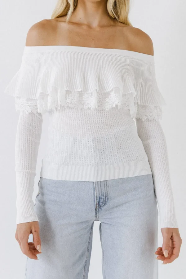 ENGLISH FACTORY Sweaters & Knits | Tops*- Lace Ruffle Off-The-Shoulder Top
