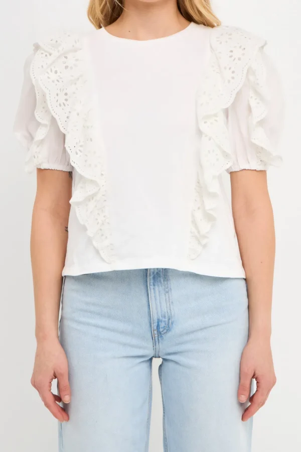 ENGLISH FACTORY Tops*- Lace Ruffle Detail Knit Top WHITE