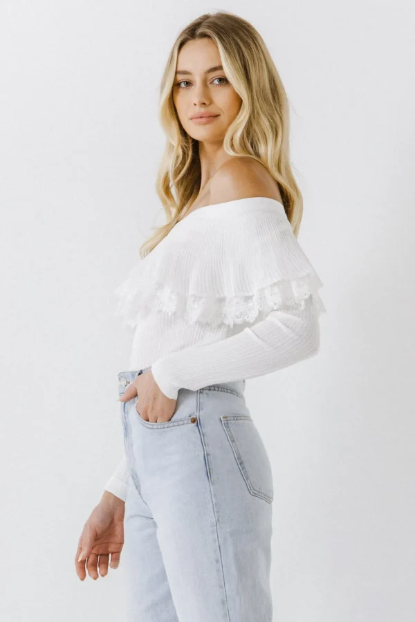 ENGLISH FACTORY Sweaters & Knits | Tops*- Lace Ruffle Off-The-Shoulder Top