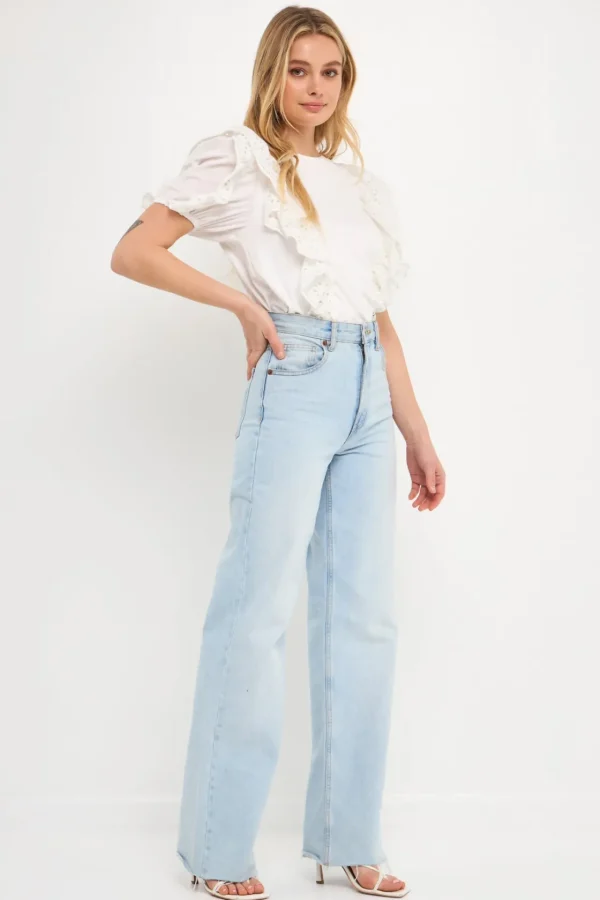 ENGLISH FACTORY Tops*- Lace Ruffle Detail Knit Top WHITE