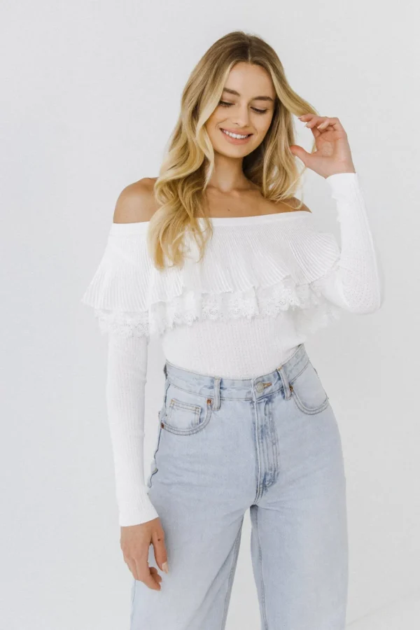 ENGLISH FACTORY Sweaters & Knits | Tops*- Lace Ruffle Off-The-Shoulder Top