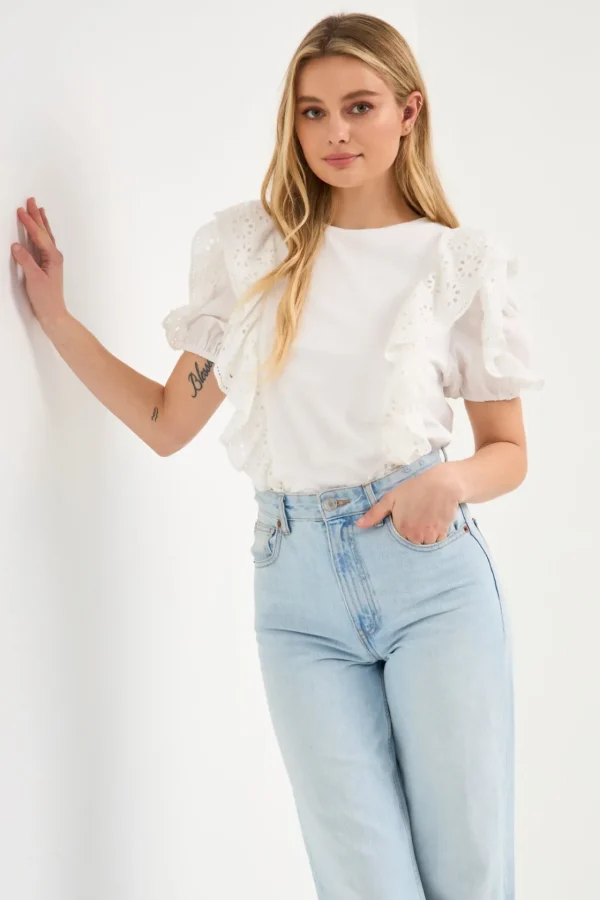 ENGLISH FACTORY Tops*- Lace Ruffle Detail Knit Top WHITE