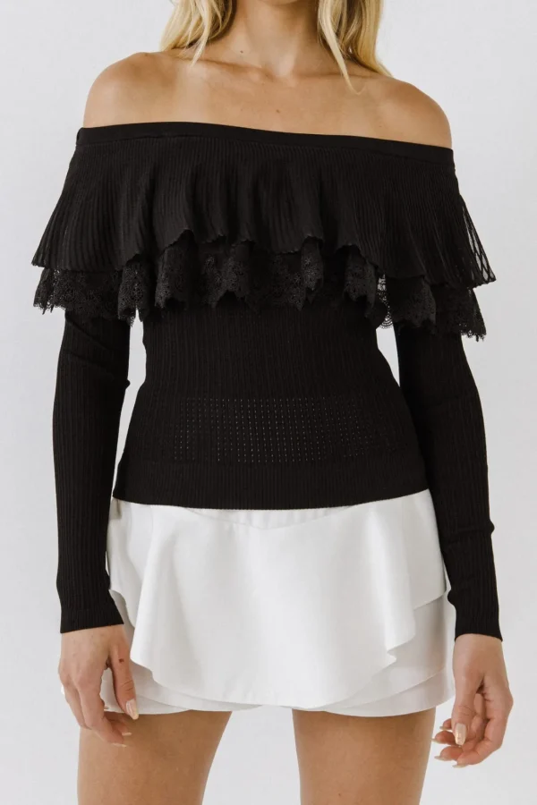 ENGLISH FACTORY Sweaters & Knits | Tops*- Lace Ruffle Off-The-Shoulder Top