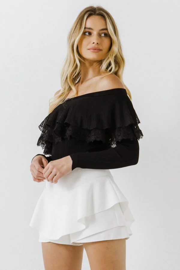 ENGLISH FACTORY Sweaters & Knits | Tops*- Lace Ruffle Off-The-Shoulder Top