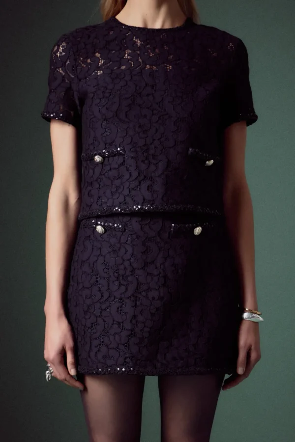 ENGLISH FACTORY Matching Sets | Tops*- Lace Sequin Short Sleeve Top NAVY