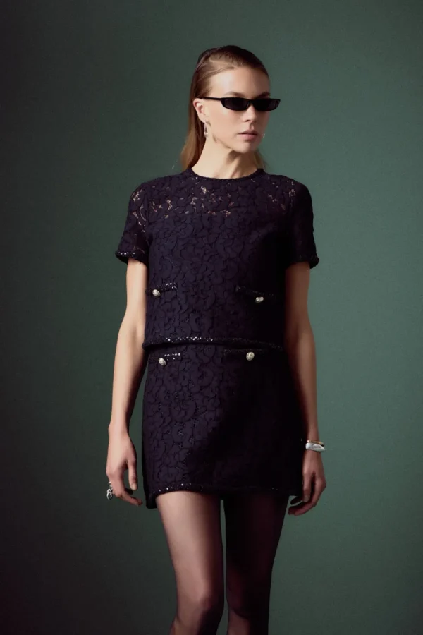 ENGLISH FACTORY Matching Sets | Tops*- Lace Sequin Short Sleeve Top NAVY