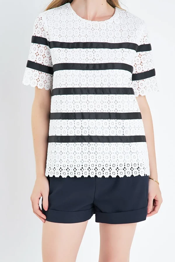 ENGLISH FACTORY Tops*- Lace Striped Top WHITE/BLACK