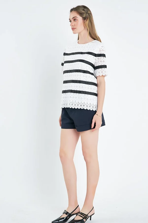 ENGLISH FACTORY Tops*- Lace Striped Top WHITE/BLACK
