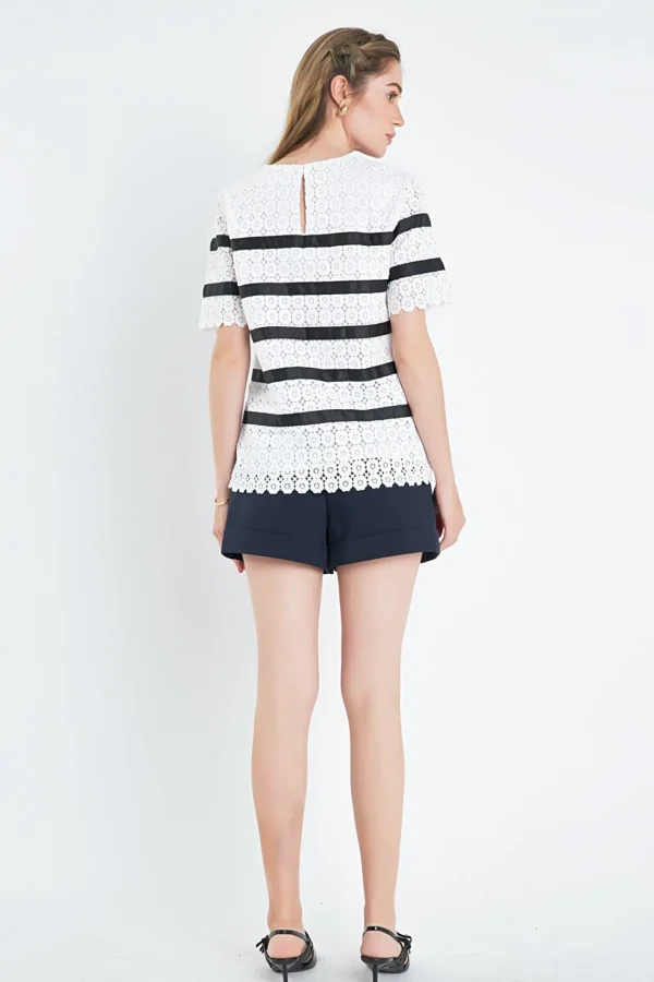 ENGLISH FACTORY Tops*- Lace Striped Top WHITE/BLACK