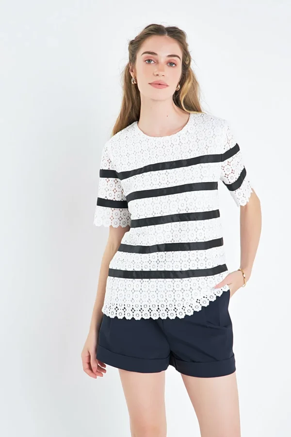 ENGLISH FACTORY Tops*- Lace Striped Top WHITE/BLACK