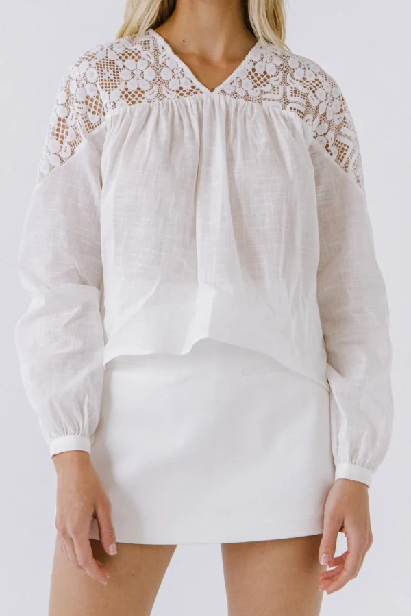 ENGLISH FACTORY Shirts & Blouses | Tops*- Lace Yoke With Long Sleeve Blouse WHITE