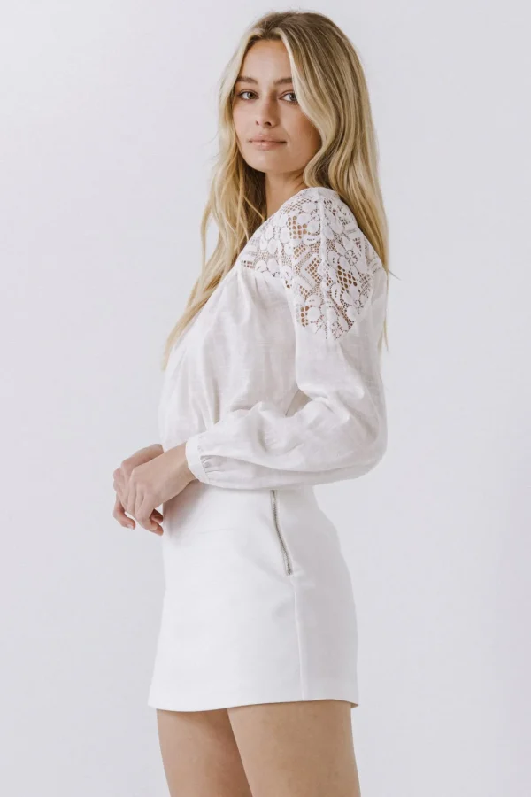 ENGLISH FACTORY Shirts & Blouses | Tops*- Lace Yoke With Long Sleeve Blouse WHITE