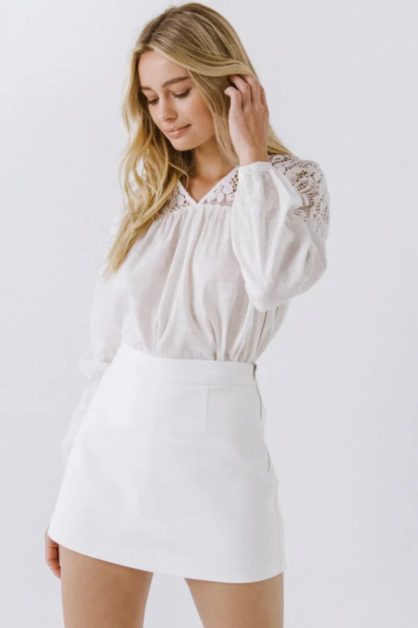 ENGLISH FACTORY Shirts & Blouses | Tops*- Lace Yoke With Long Sleeve Blouse WHITE