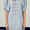 ENGLISH FACTORY Lace Dresses | Puff Sleeve*- Laced Up Puffed Sleeve Mini Dress
