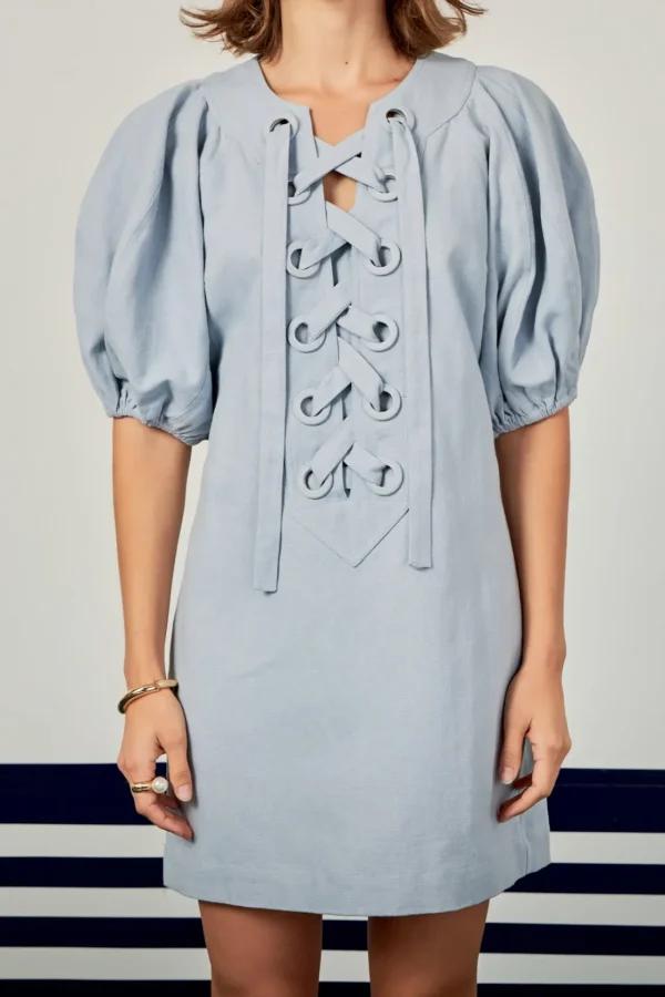 ENGLISH FACTORY Lace Dresses | Puff Sleeve*- Laced Up Puffed Sleeve Mini Dress