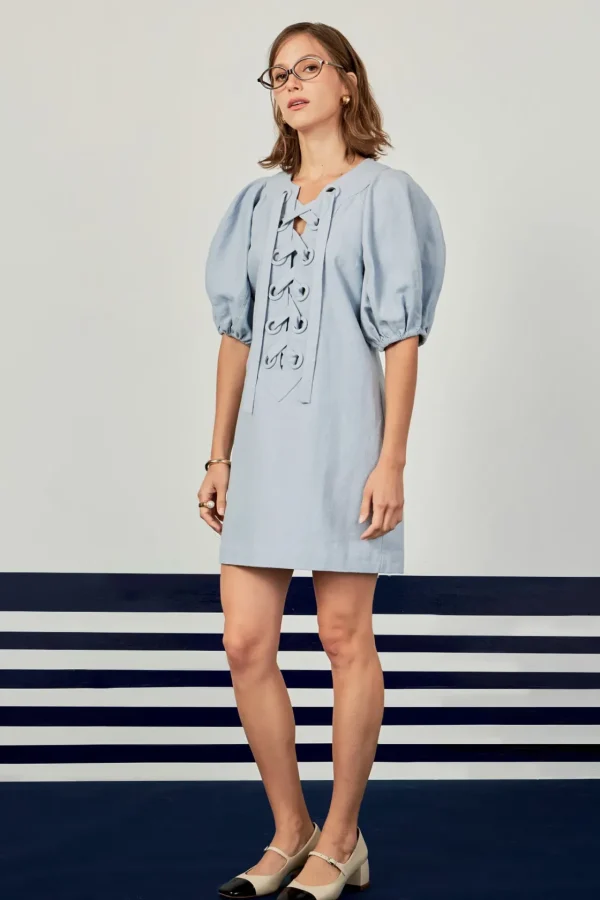 ENGLISH FACTORY Lace Dresses | Puff Sleeve*- Laced Up Puffed Sleeve Mini Dress