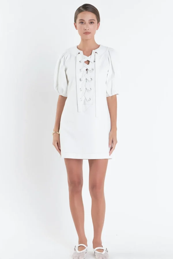ENGLISH FACTORY Lace Dresses | Puff Sleeve*- Laced Up Puffed Sleeve Mini Dress