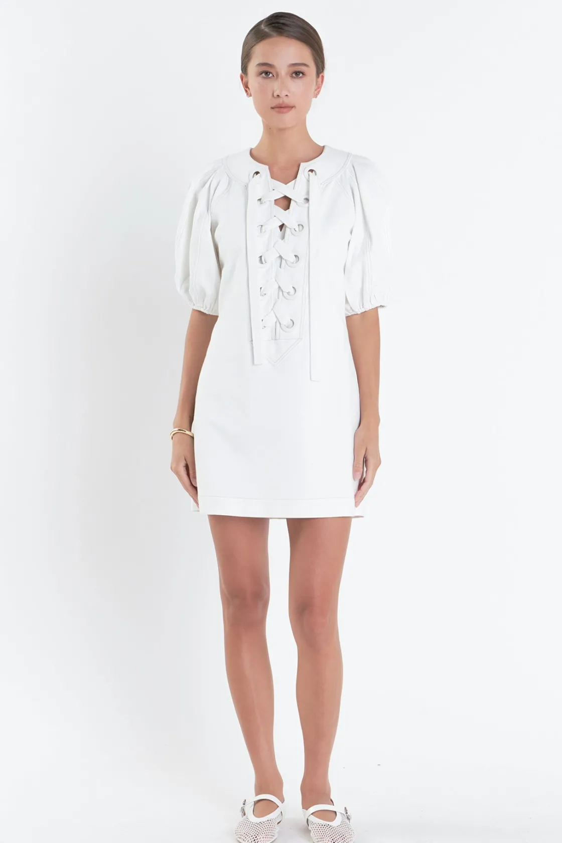 english_factory__laced_up_14.webp ENGLISH FACTORY Lace Dresses | Puff Sleeve*- Laced Up Puffed Sleeve Mini Dress