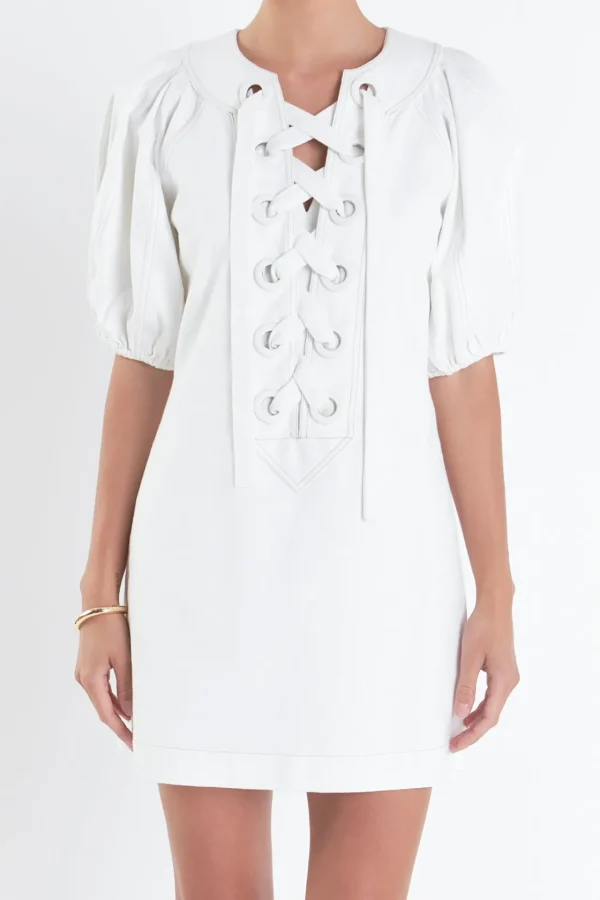 ENGLISH FACTORY Lace Dresses | Puff Sleeve*- Laced Up Puffed Sleeve Mini Dress
