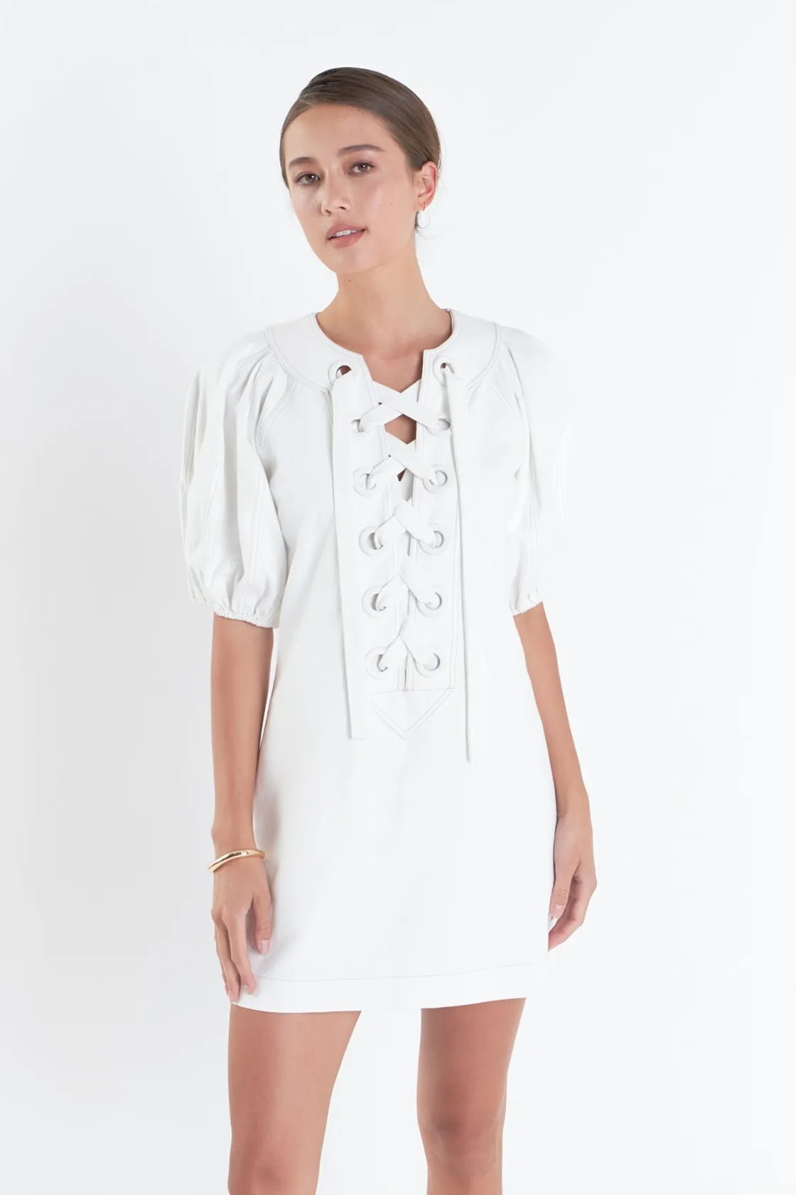 english_factory__laced_up_18.webp ENGLISH FACTORY Lace Dresses | Puff Sleeve*- Laced Up Puffed Sleeve Mini Dress