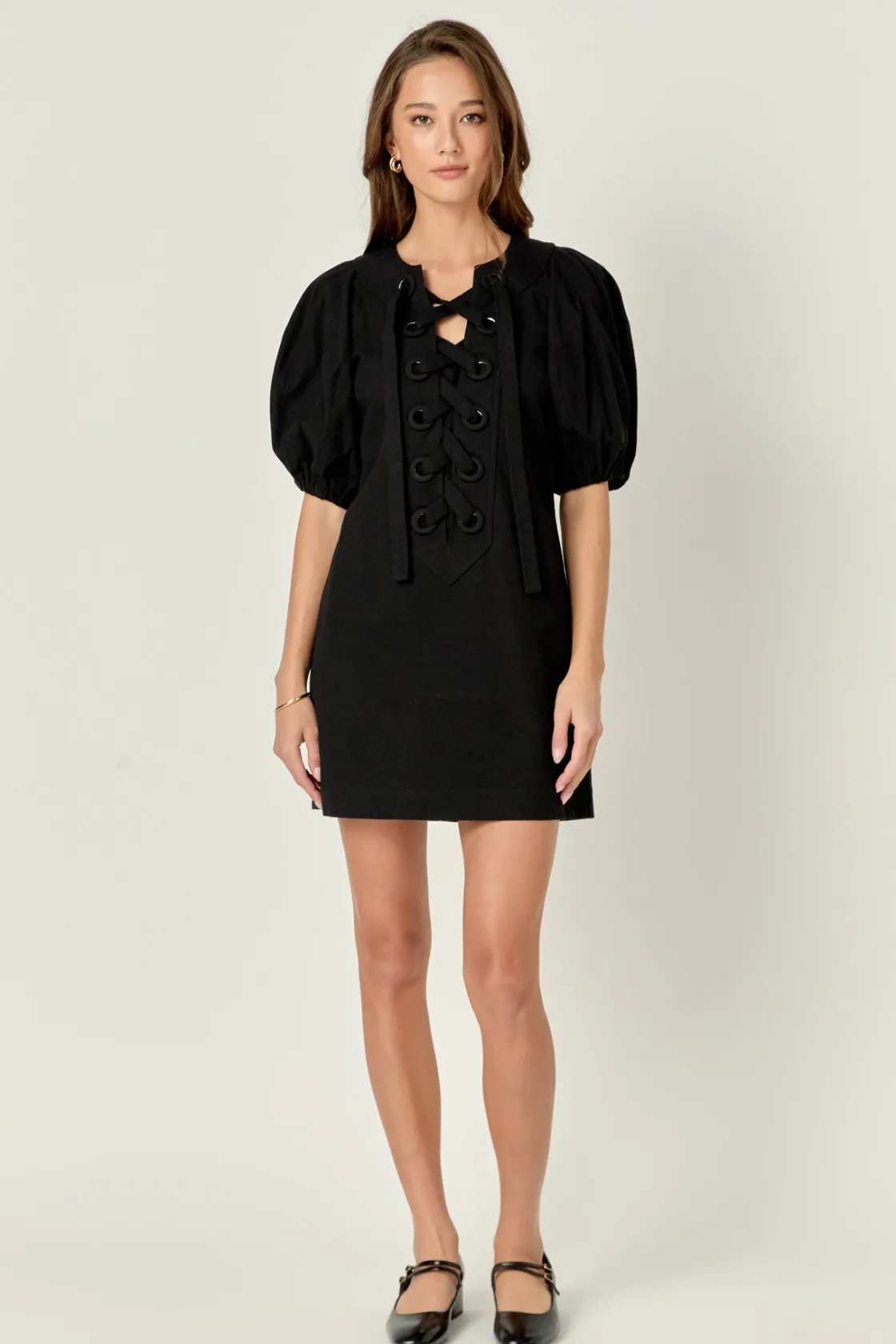 english_factory__laced_up_4.webp ENGLISH FACTORY Lace Dresses | Puff Sleeve*- Laced Up Puffed Sleeve Mini Dress