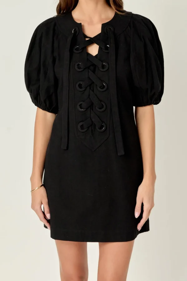 ENGLISH FACTORY Lace Dresses | Puff Sleeve*- Laced Up Puffed Sleeve Mini Dress