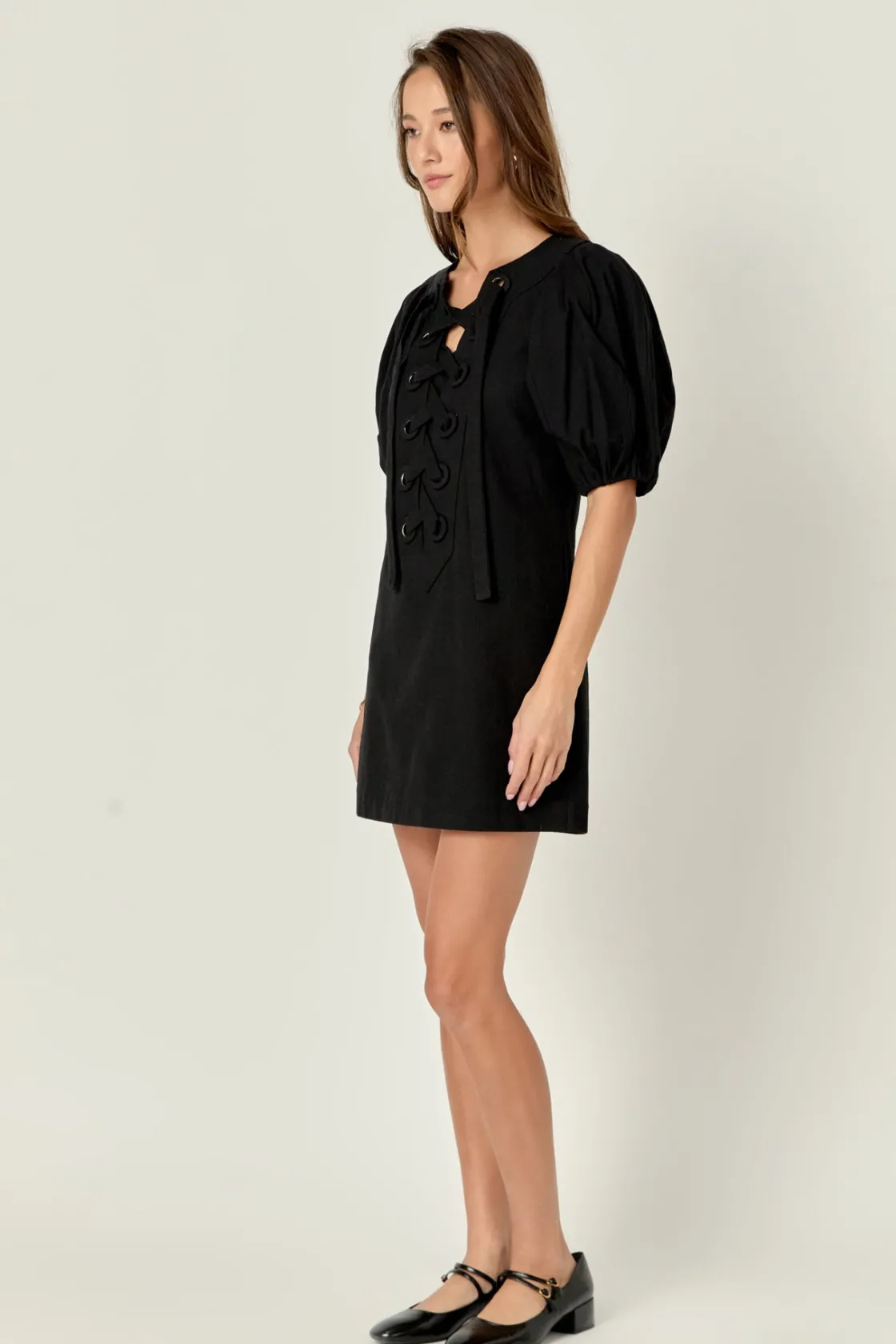 english_factory__laced_up_6.webp ENGLISH FACTORY Lace Dresses | Puff Sleeve*- Laced Up Puffed Sleeve Mini Dress