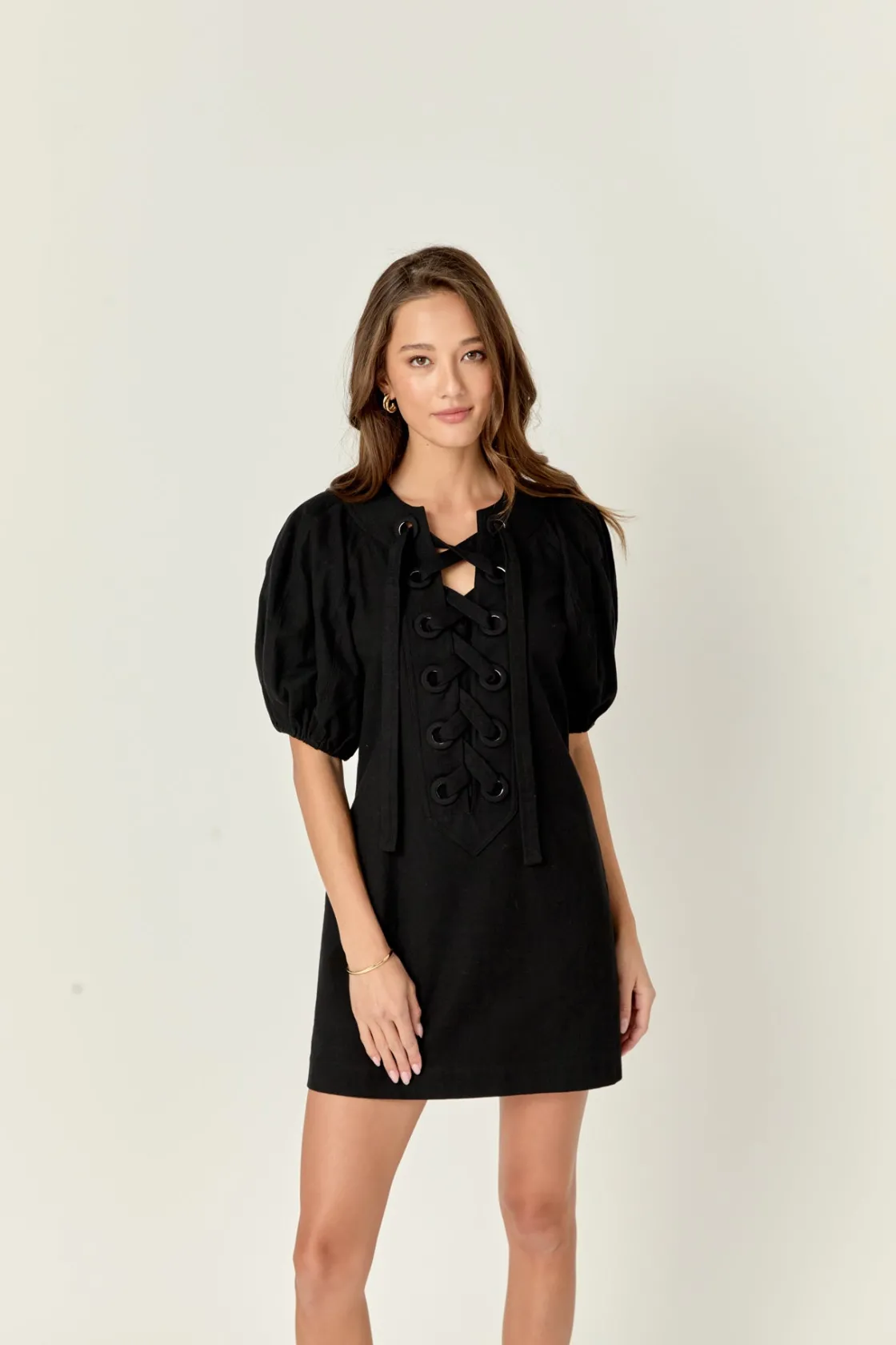 english_factory__laced_up_8.webp ENGLISH FACTORY Lace Dresses | Puff Sleeve*- Laced Up Puffed Sleeve Mini Dress