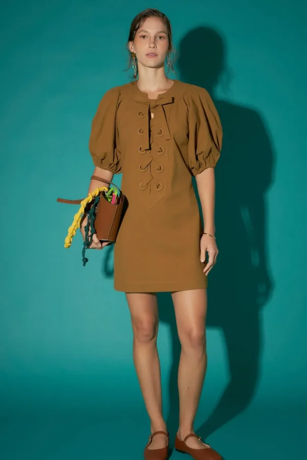 ENGLISH FACTORY Lace Dresses | Puff Sleeve*- Laced Up Puffed Sleeve Mini Dress