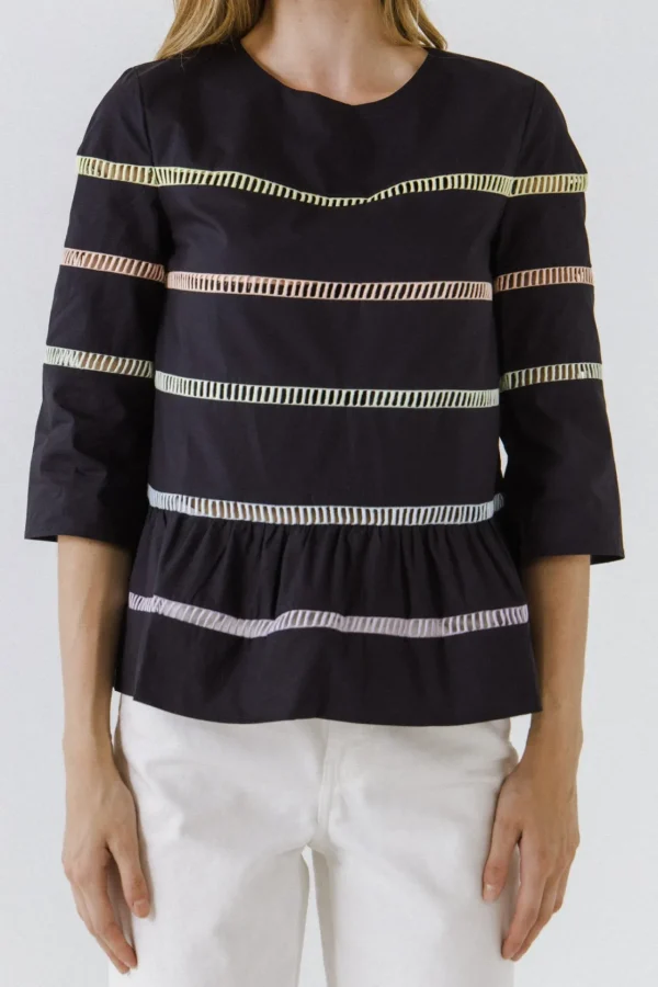 ENGLISH FACTORY Tops*- Ladder Lace Babydoll Top NAVYMULTI