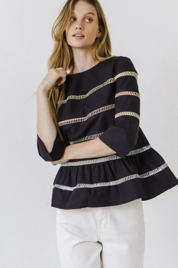 ENGLISH FACTORY Tops*- Ladder Lace Babydoll Top NAVYMULTI