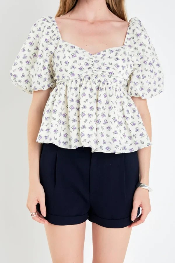 ENGLISH FACTORY Tops*- Lavender Floral Puff Sleeve Top CREAM