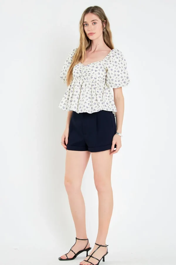 ENGLISH FACTORY Tops*- Lavender Floral Puff Sleeve Top CREAM