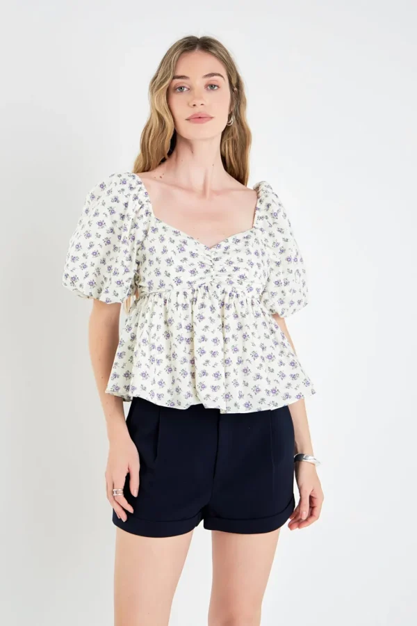 ENGLISH FACTORY Tops*- Lavender Floral Puff Sleeve Top CREAM