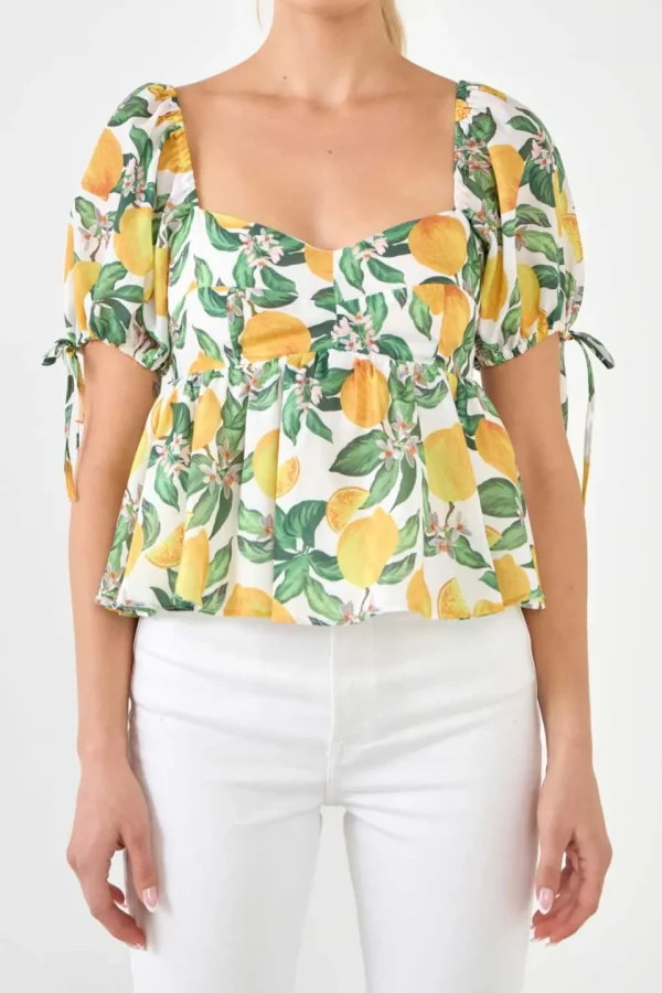 ENGLISH FACTORY Tops*- Lemon Print Puff Sleeve Top YELLOWMULTI