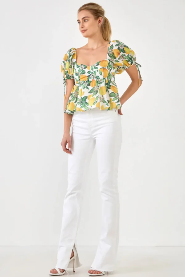 ENGLISH FACTORY Tops*- Lemon Print Puff Sleeve Top YELLOWMULTI