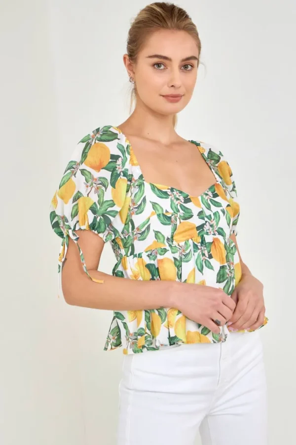 ENGLISH FACTORY Tops*- Lemon Print Puff Sleeve Top YELLOWMULTI