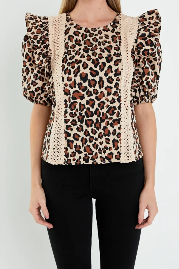 ENGLISH FACTORY Tops*- Leopard Lace Inserted Top TANMULTI