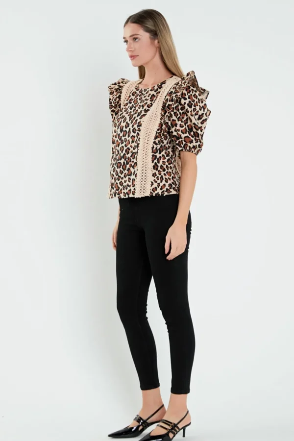 ENGLISH FACTORY Tops*- Leopard Lace Inserted Top TANMULTI