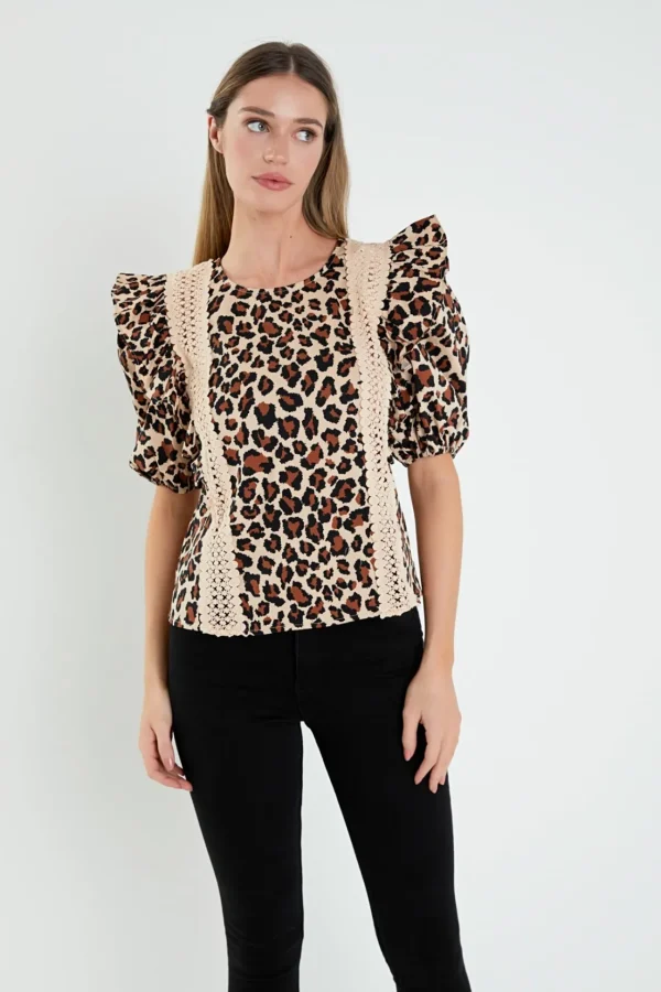 ENGLISH FACTORY Tops*- Leopard Lace Inserted Top TANMULTI
