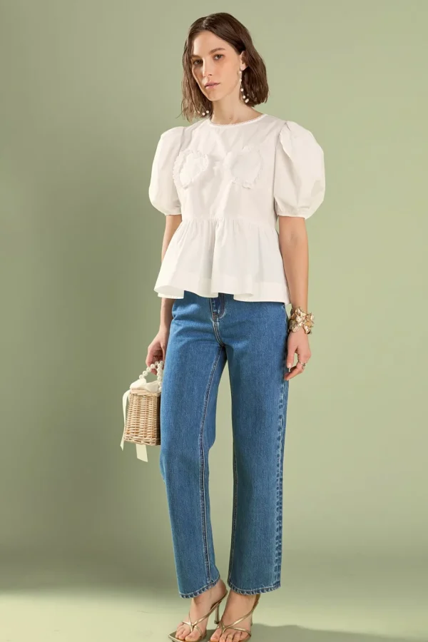 ENGLISH FACTORY Tops*- Linda Heart Peplum Top WHITE