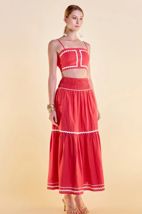 ENGLISH FACTORY Matching Sets | Tops*- Linen Crop Top w/ Ric Rac Trim RED