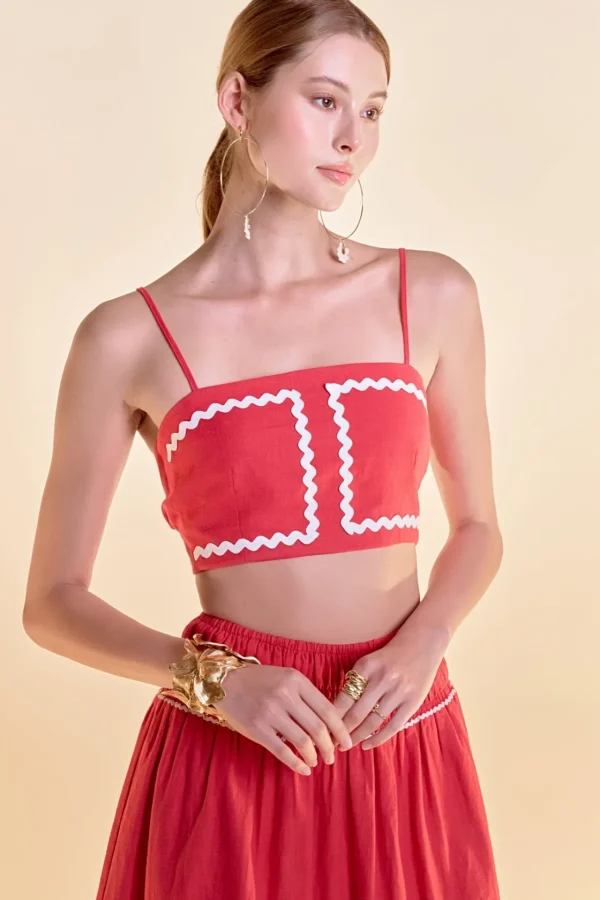 ENGLISH FACTORY Matching Sets | Tops*- Linen Crop Top w/ Ric Rac Trim RED